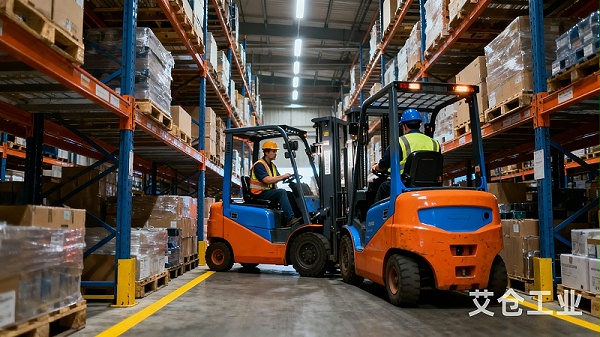 jimeng-2025-12-11-8712-现代化仓库内部场景，狭窄的通道中停放着多辆电动平衡重叉车，叉车车身为橙色和蓝色，..._副本